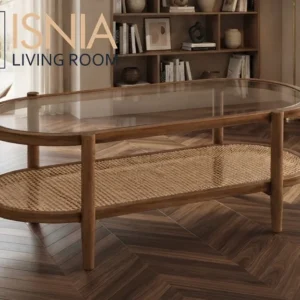 Siap Kirim Meja Tamu Oval Minimalis Kayu Kombinasi Kaca dan Rotan Estetik