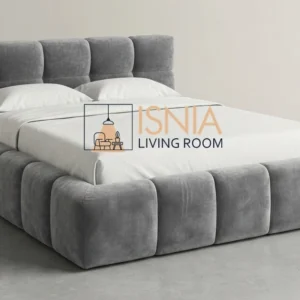 Tempat Tidur Upholstered Beludru Abu-Abu Desain Kotak