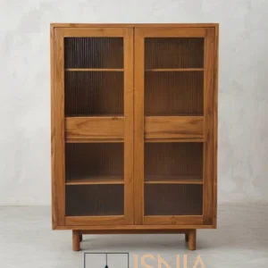 Lemari Serbaguna Kayu Jati Minimalis Pintu Kaca Motif Fluted Glass