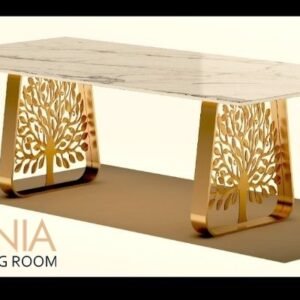 Meja Makan Marmer Kaki Stainless Motif Pohon
