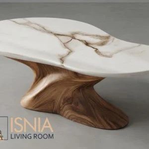 Jual Meja Tamu Marmer Putih Kalimantan Kaki Kayu Solid Elegan