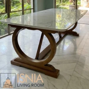 Meja Makan Marmer Jawa Barat Kaki Kayu Solid 6-8 Seater