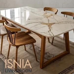Meja Makan Marmer Jakarta Kaki kayu jati Set 4 Kursi