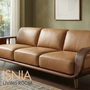 Sofa Kulit Sintesis Rangka Kayu Desain Japandi