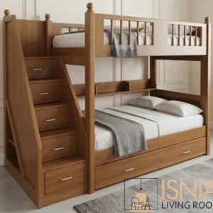 Tempat Tidur Anak Tingkat Kayu Jati Dilengkapi Rak & Laci Penyimpanan