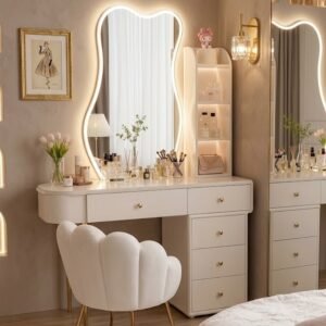 Set Meja Rias Cermin Gelombang LED Minimalis Modern