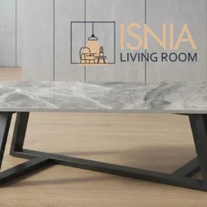 Coffee Table Luxury Marmer Abu-Abu Rangka Besi Silang