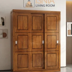 Lemari Pakaian Kayu Jati 3 Pintu Geser